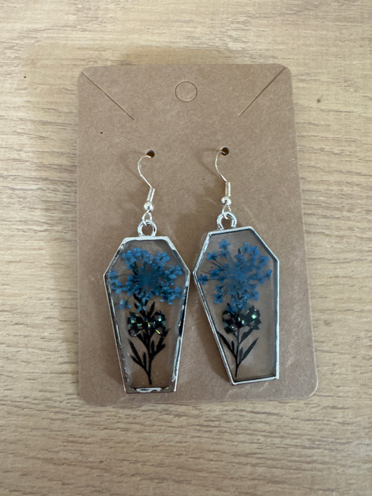 Silver Coffin-shaped Blue and Bow Resin Earrings