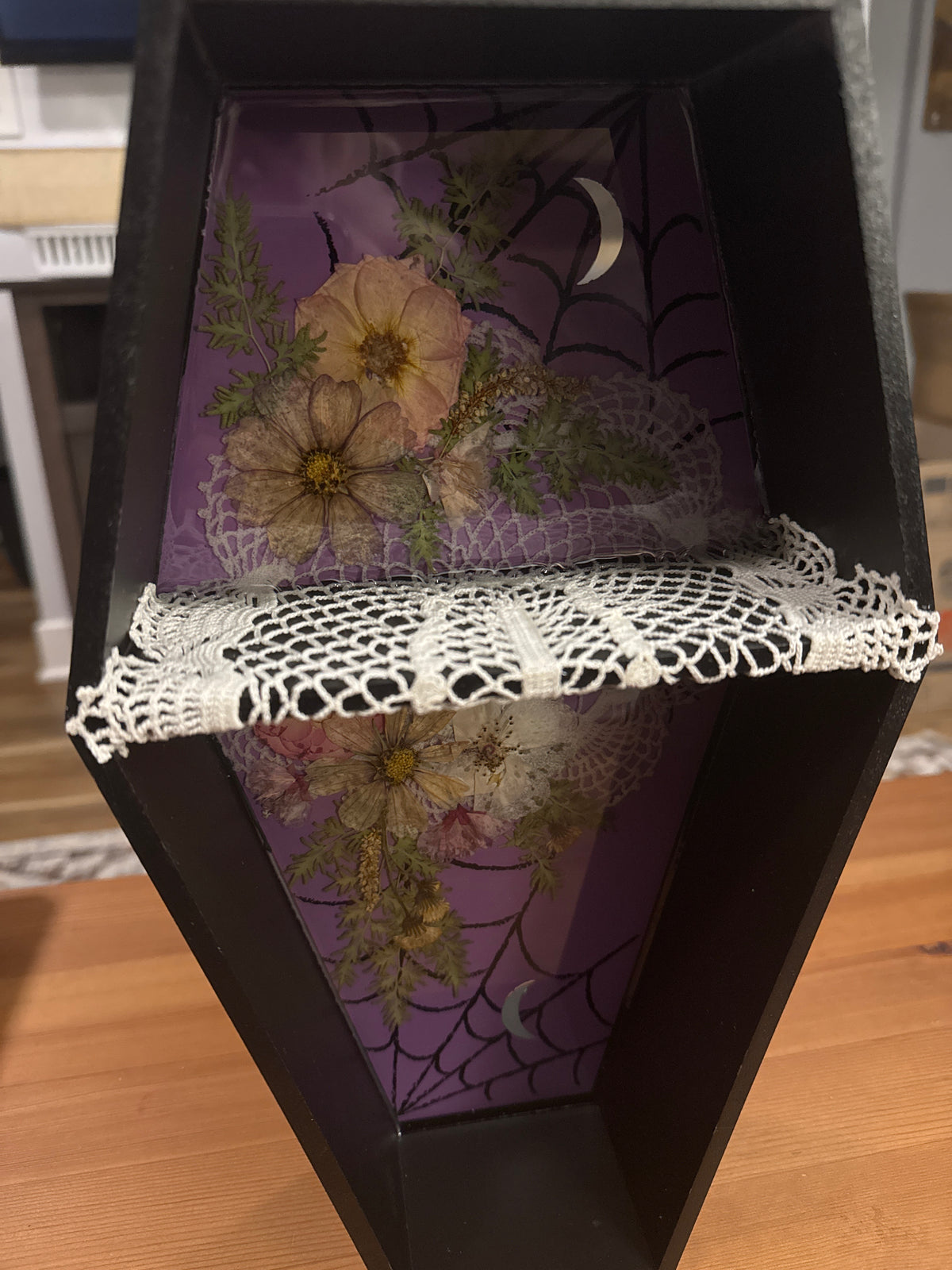 Coffin Shaped Black Shelf with Pressed Flowers, Lace and Mirror Moons
