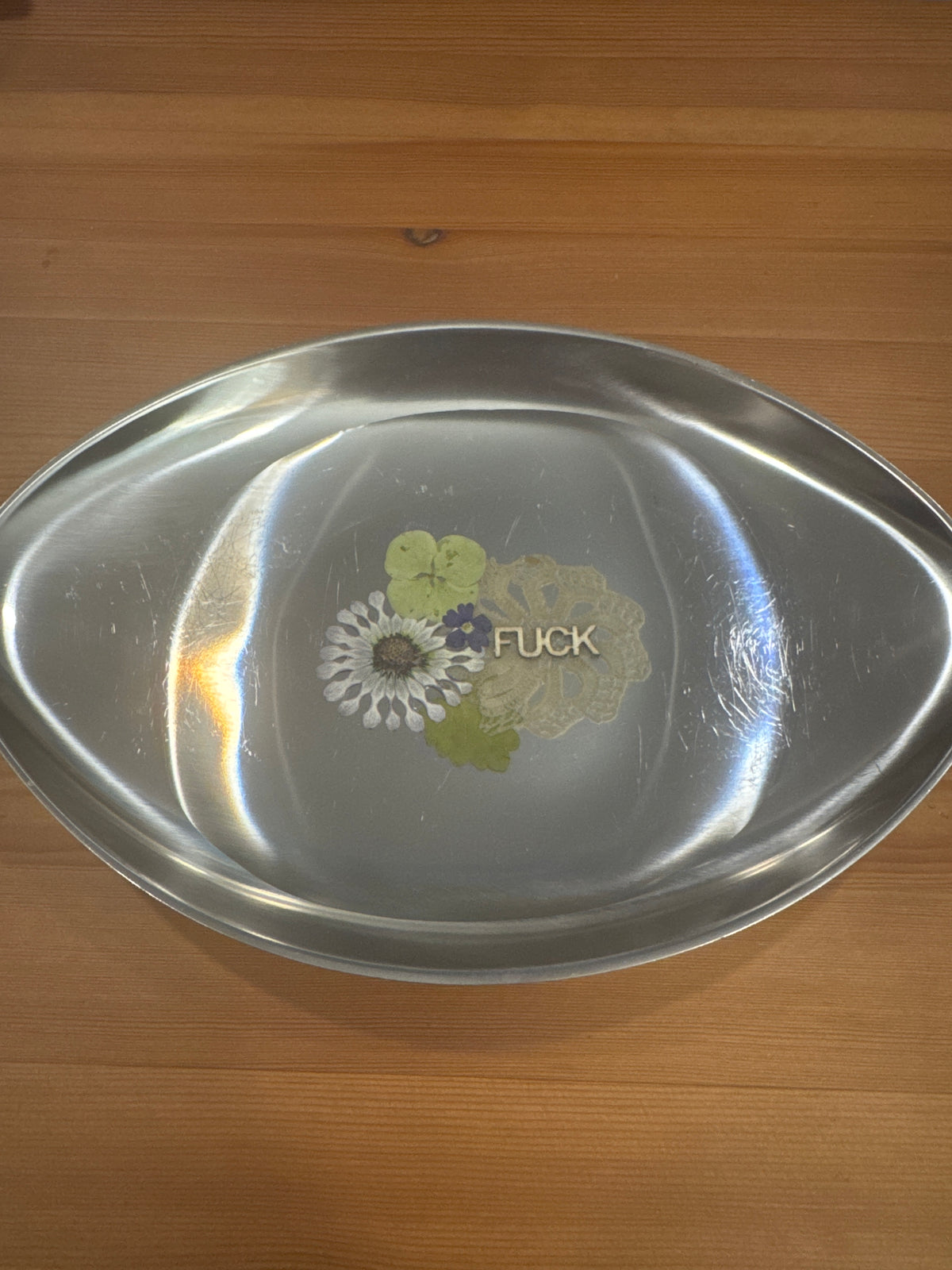 Tiny Wooden “Fuck” Silver Tray with Pressed Flowers
