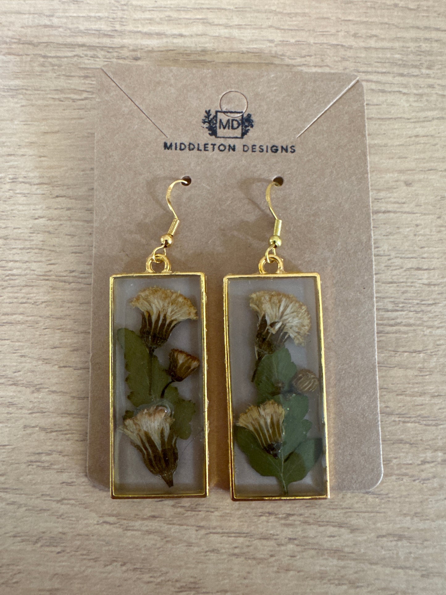 Rectangle Gold Pressed Flower Resin Earrings