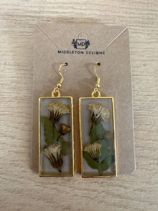 Rectangle Gold Pressed Flower Resin Earrings