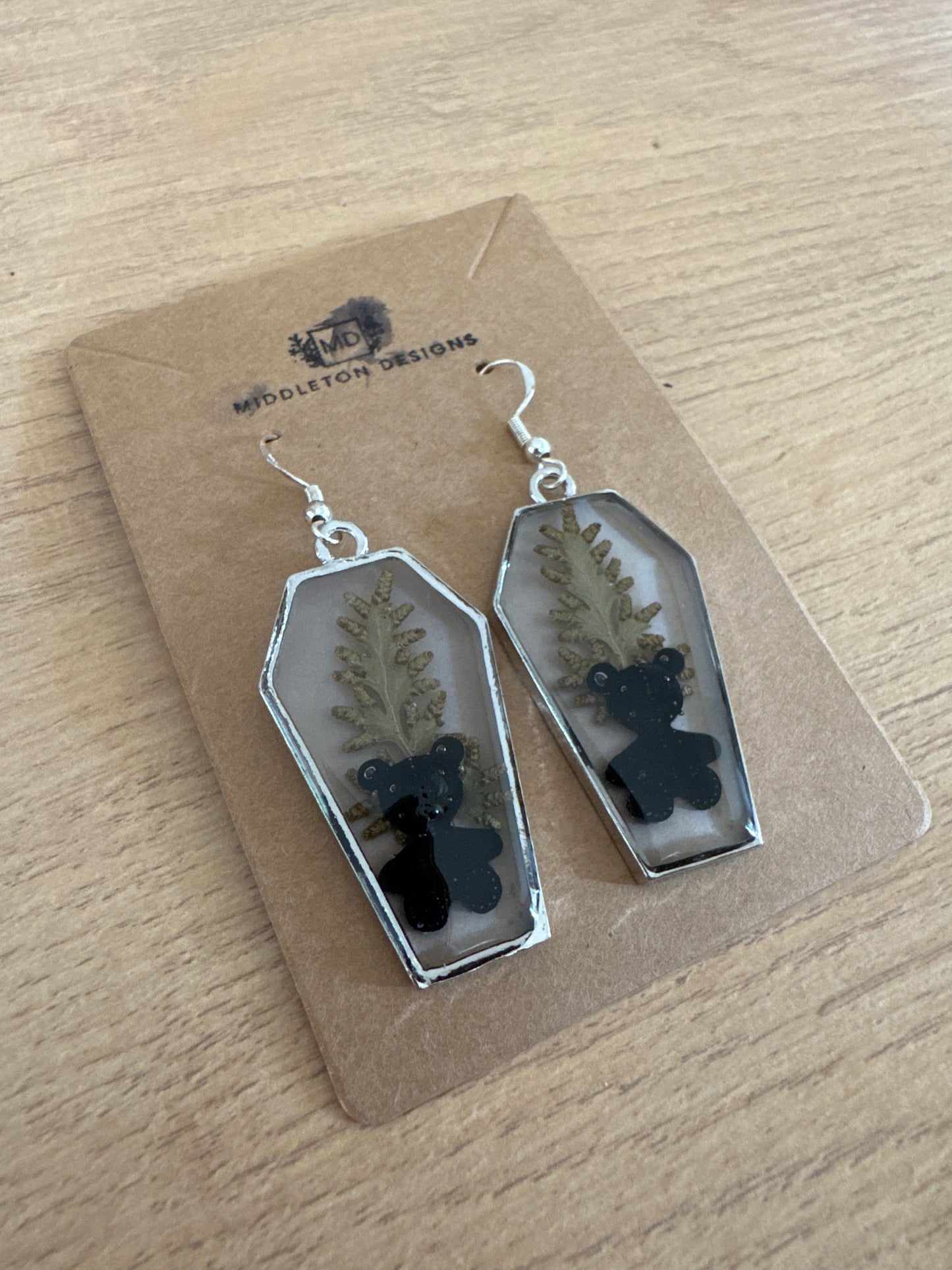 Silver Coffin-shaped Teddy Bear Resin Earrings