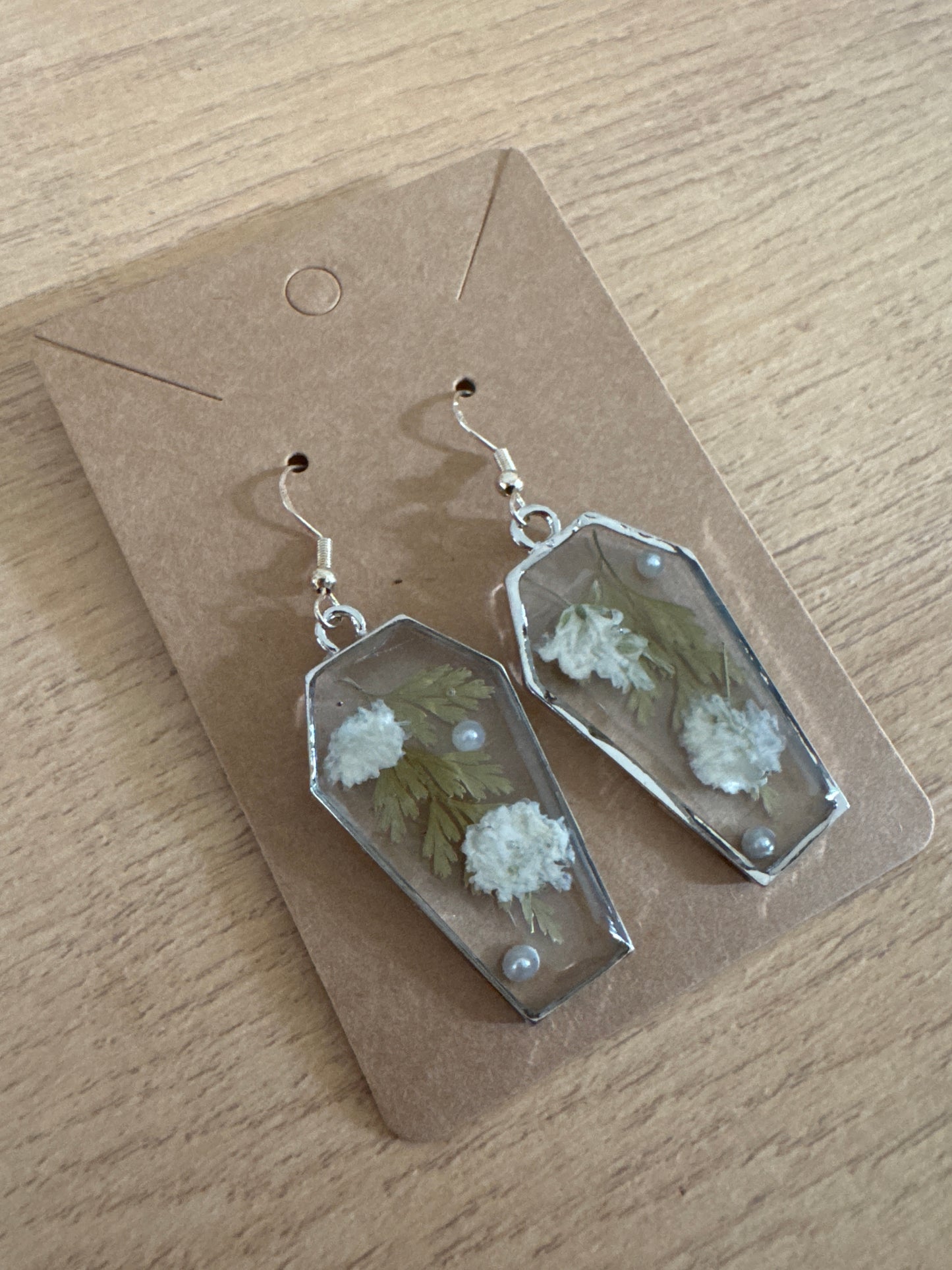 Silver Coffin-shaped Pressed Flower Pearl Resin Earrings