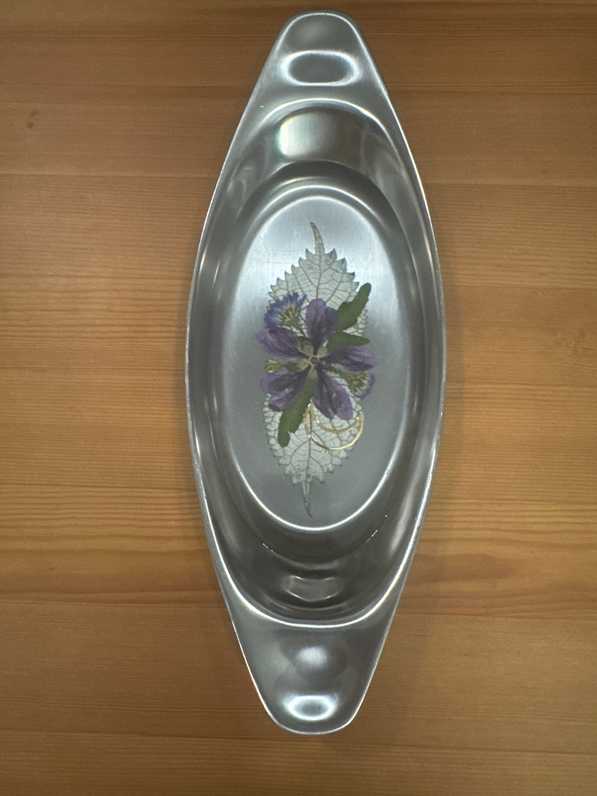 Small Silver Tray with Purple Pressed Flowers and Gold Moon