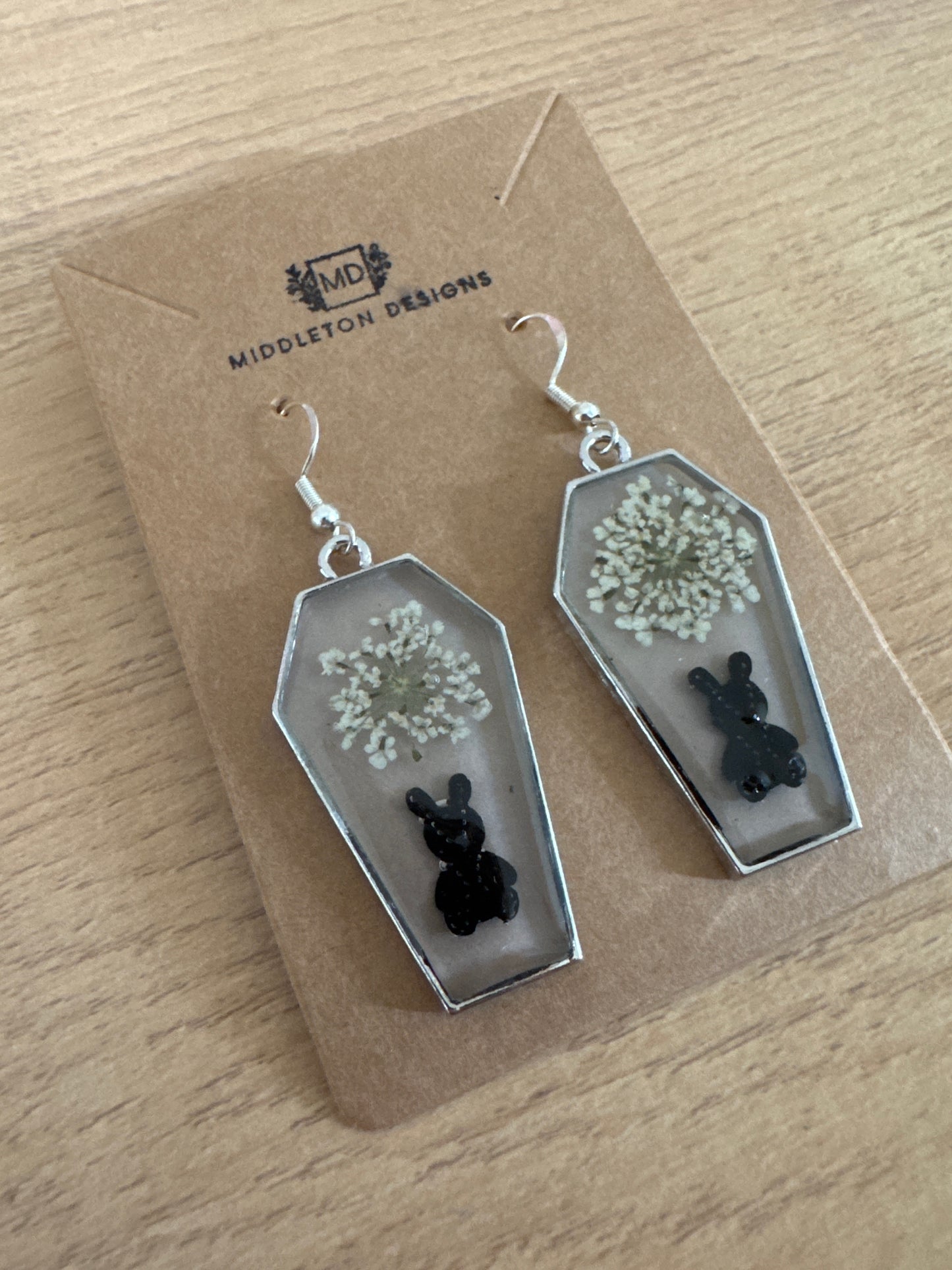 Silver Coffin-shaped Bunny Resin Earrings