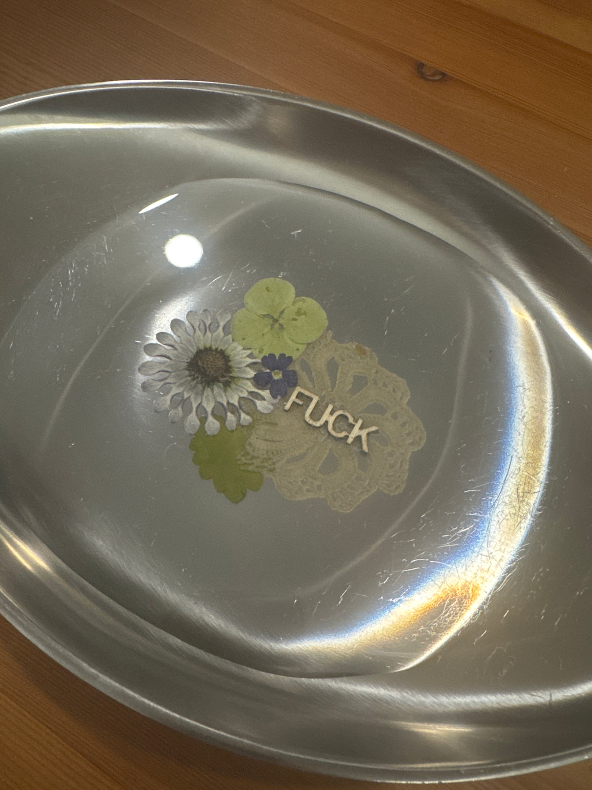 Tiny Wooden “Fuck” Silver Tray with Pressed Flowers