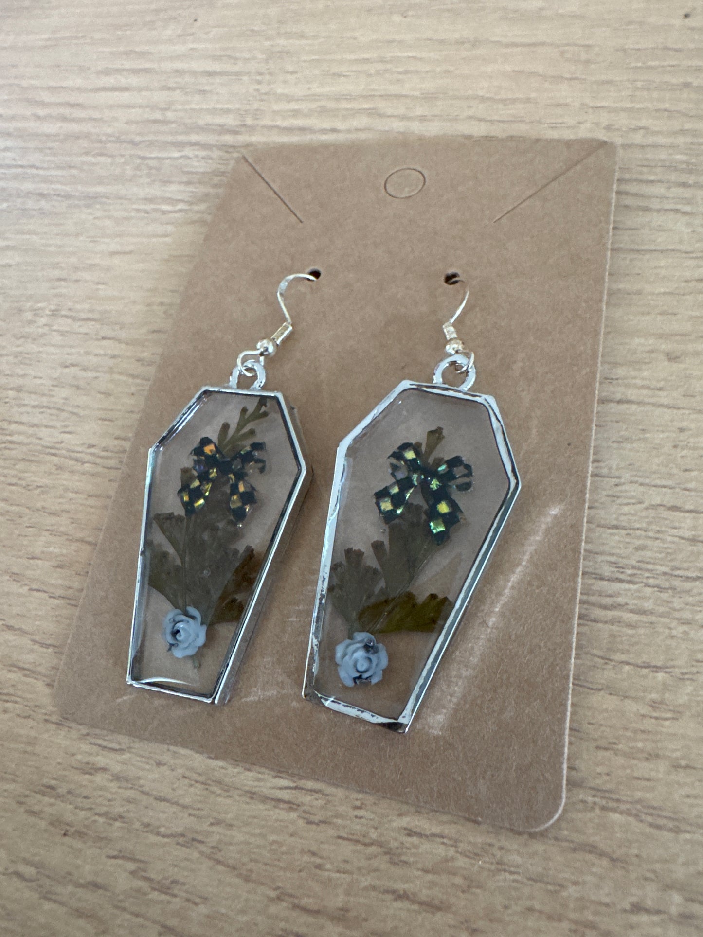 Silver Coffin-shaped Bow and Rose Resin Earrings