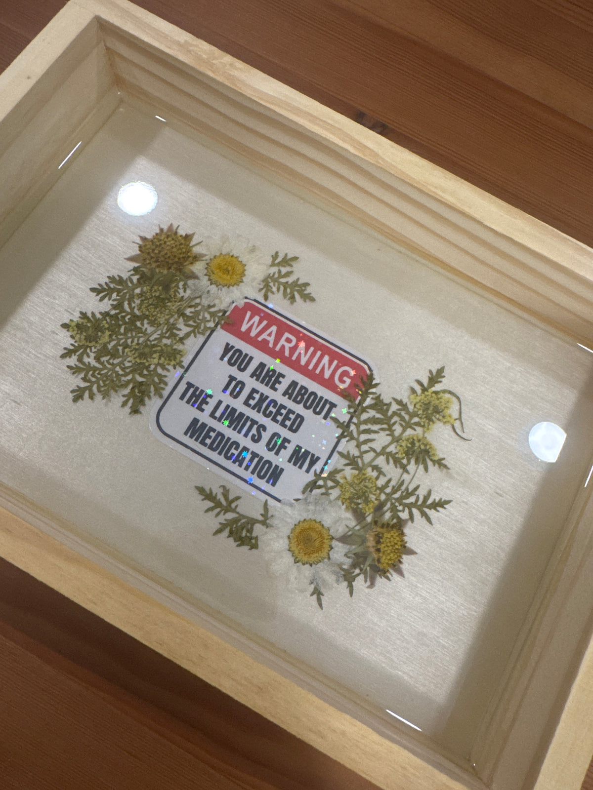 “Warning: You Are About to Exceed The Limits of my Medication” Wood Frame with Pressed Flowers