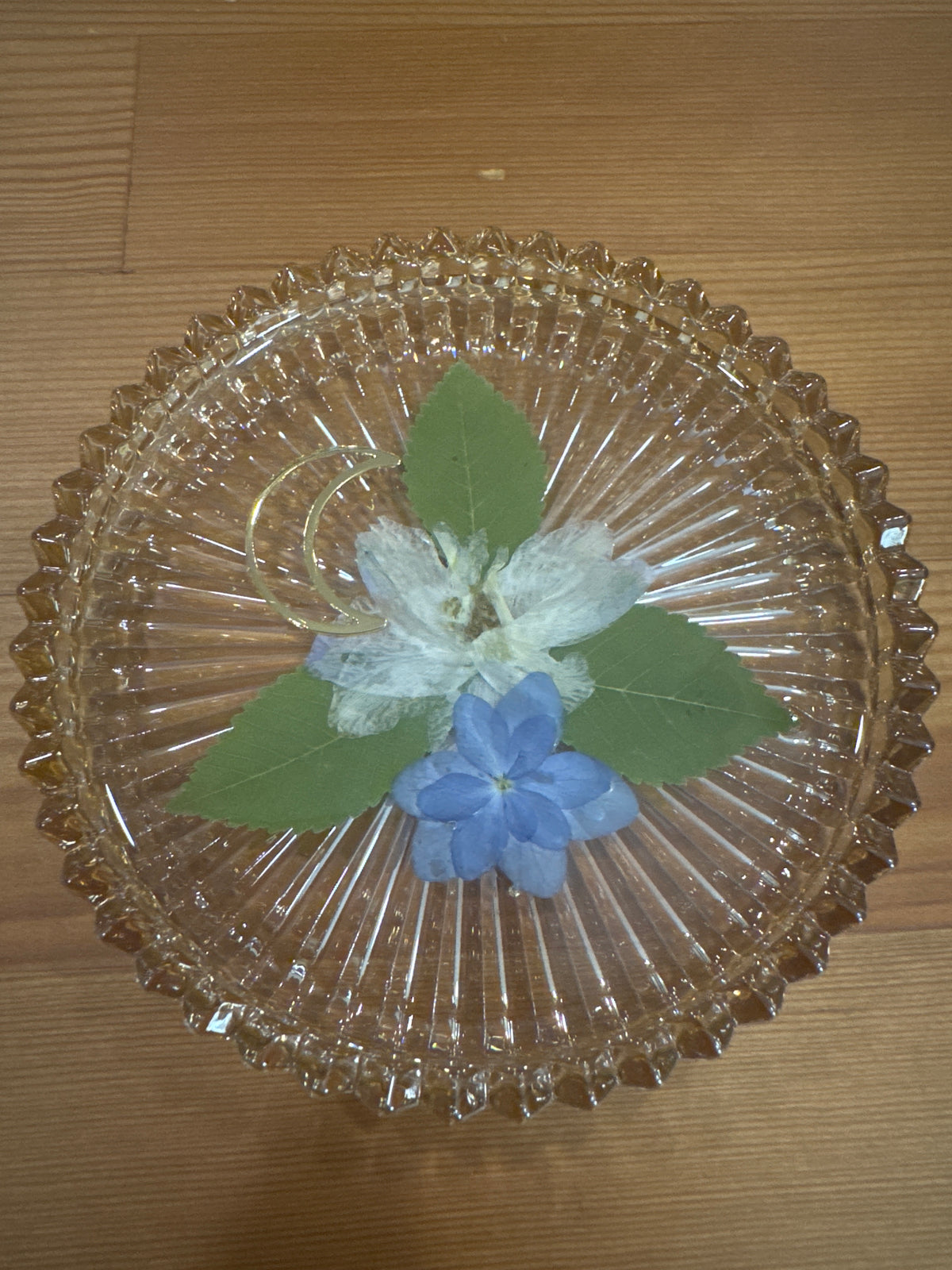 Gold Moon with White and Blue Pressed Flower Resin Glass Dish