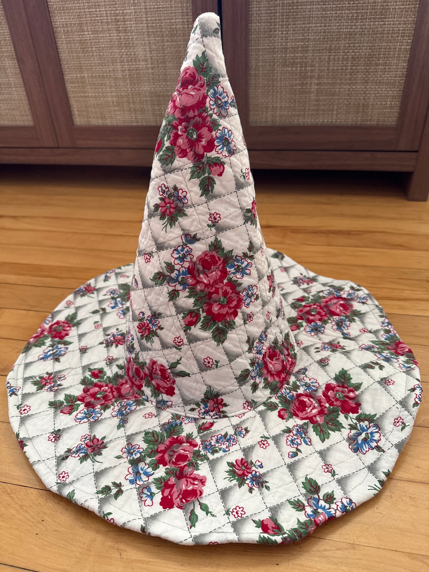 White, Red, and Green Floral Quilted Witch Hat 22-23”