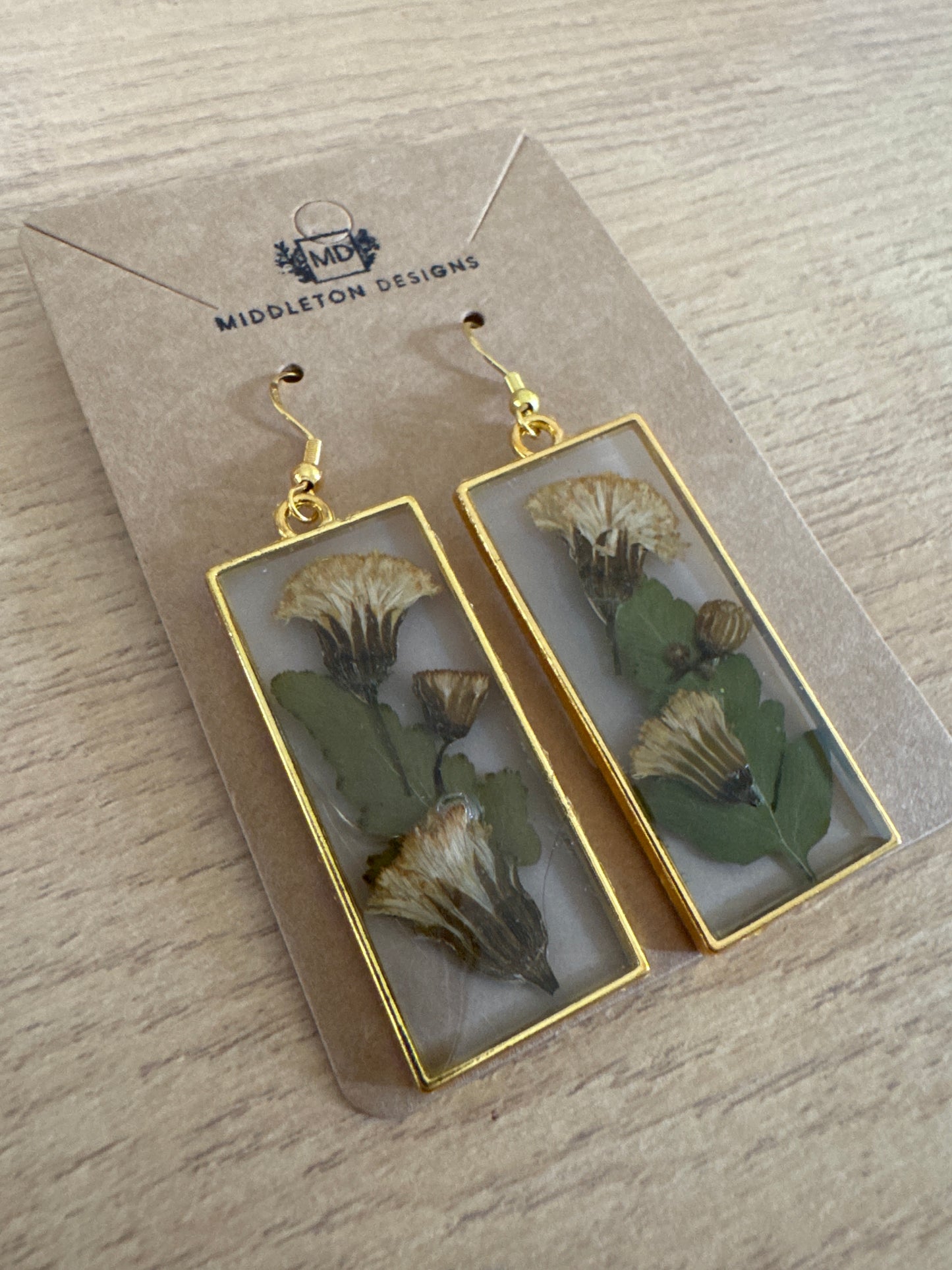 Rectangle Gold Pressed Flower Resin Earrings