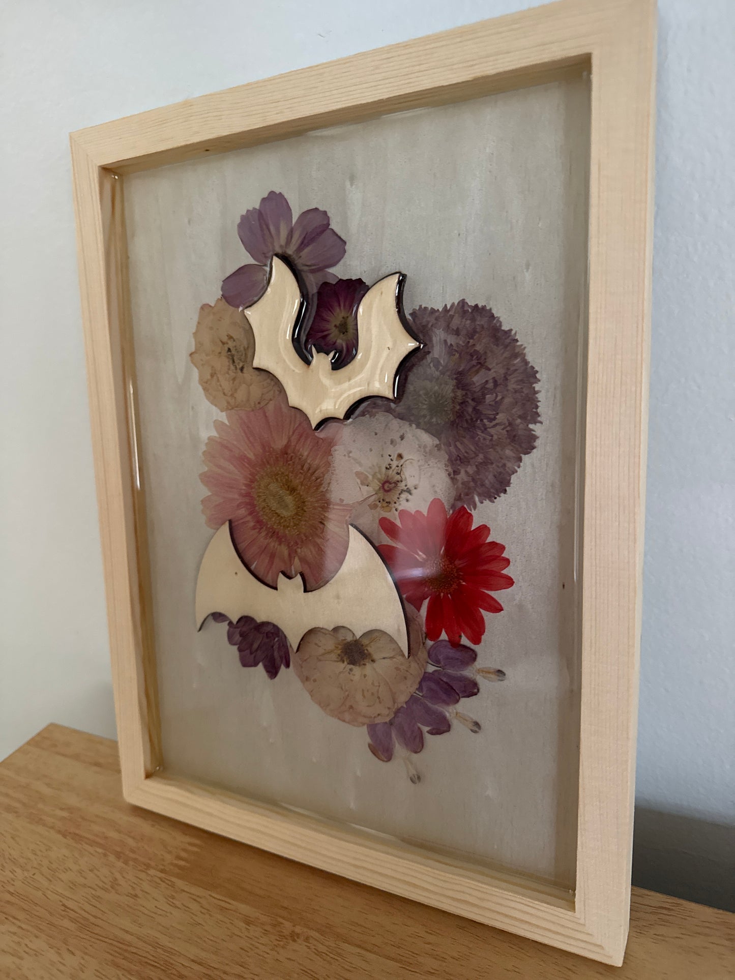 Wooden Bats, Pressed Flower and Resin Frame Art Piece