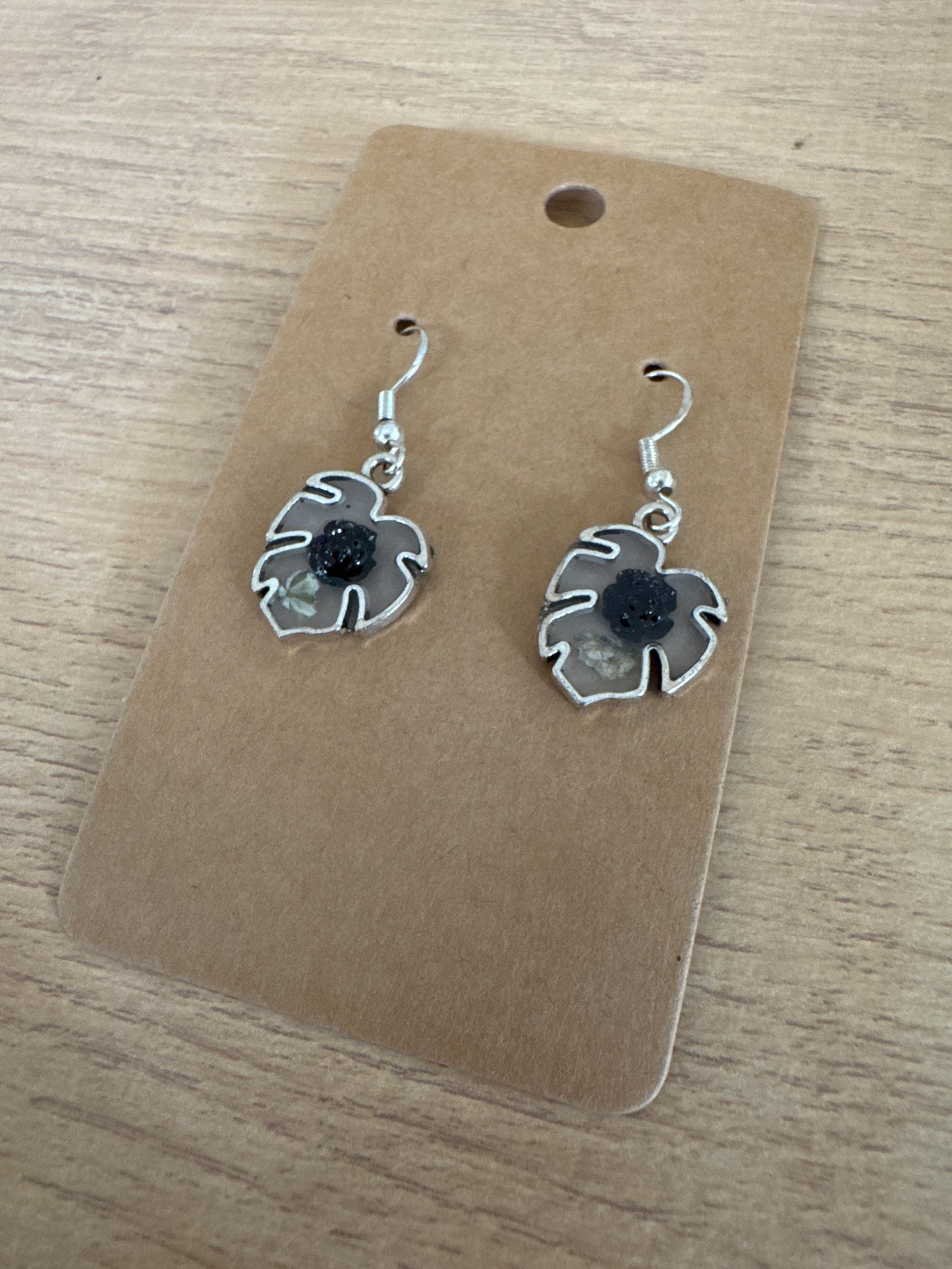 Leaf-shaped Black Rose Resin Earrings