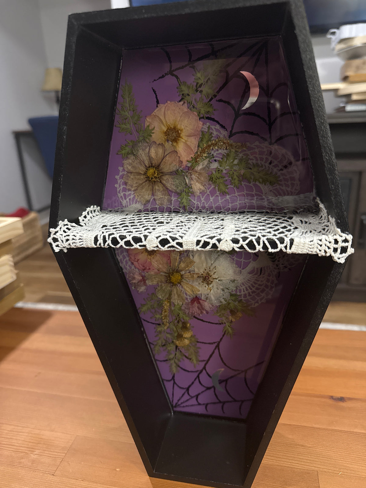 Coffin Shaped Black Shelf with Pressed Flowers, Lace and Mirror Moons