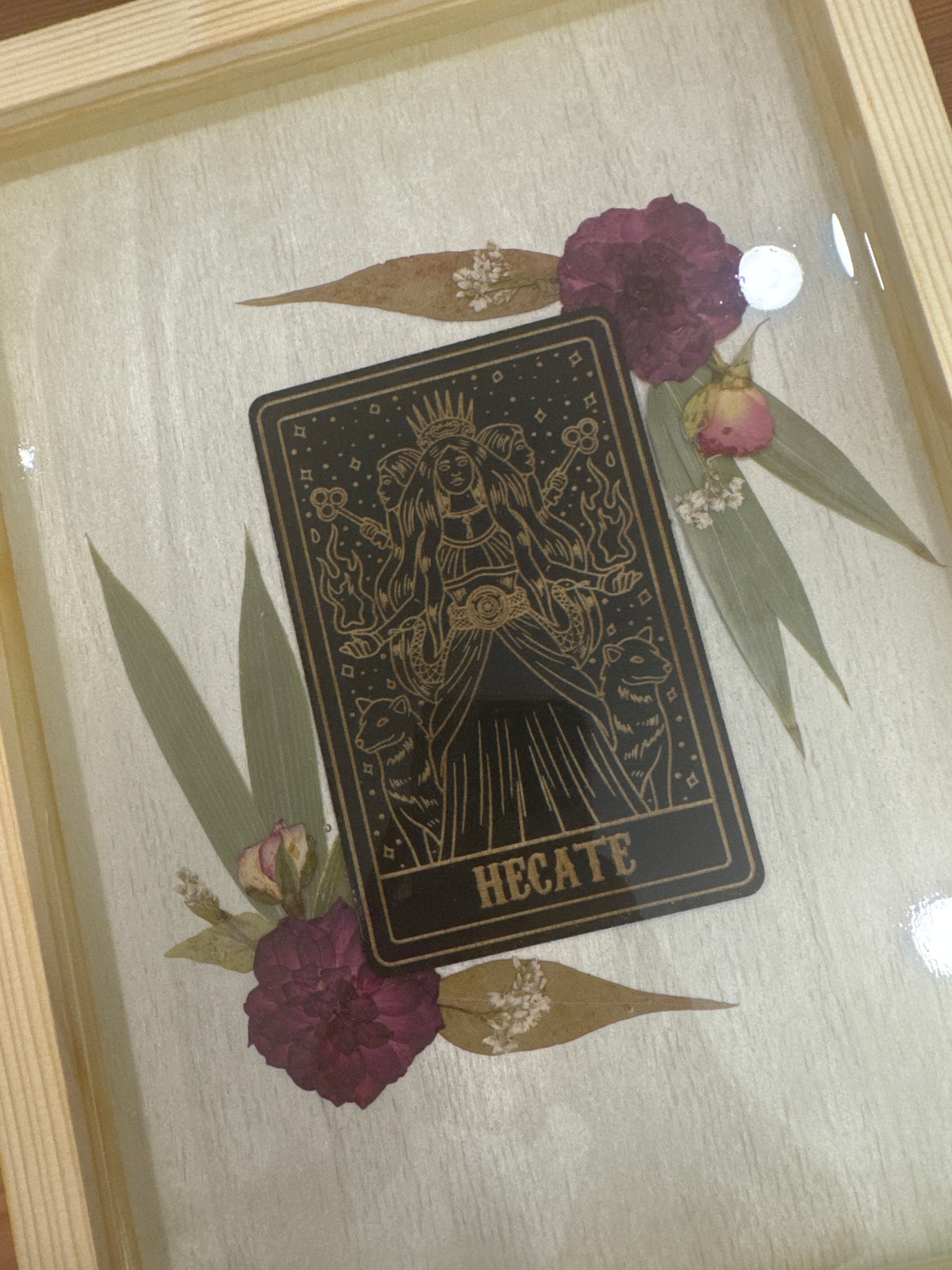 Hecate Black Wood Card Resin and Pressed Flower Art Piece
