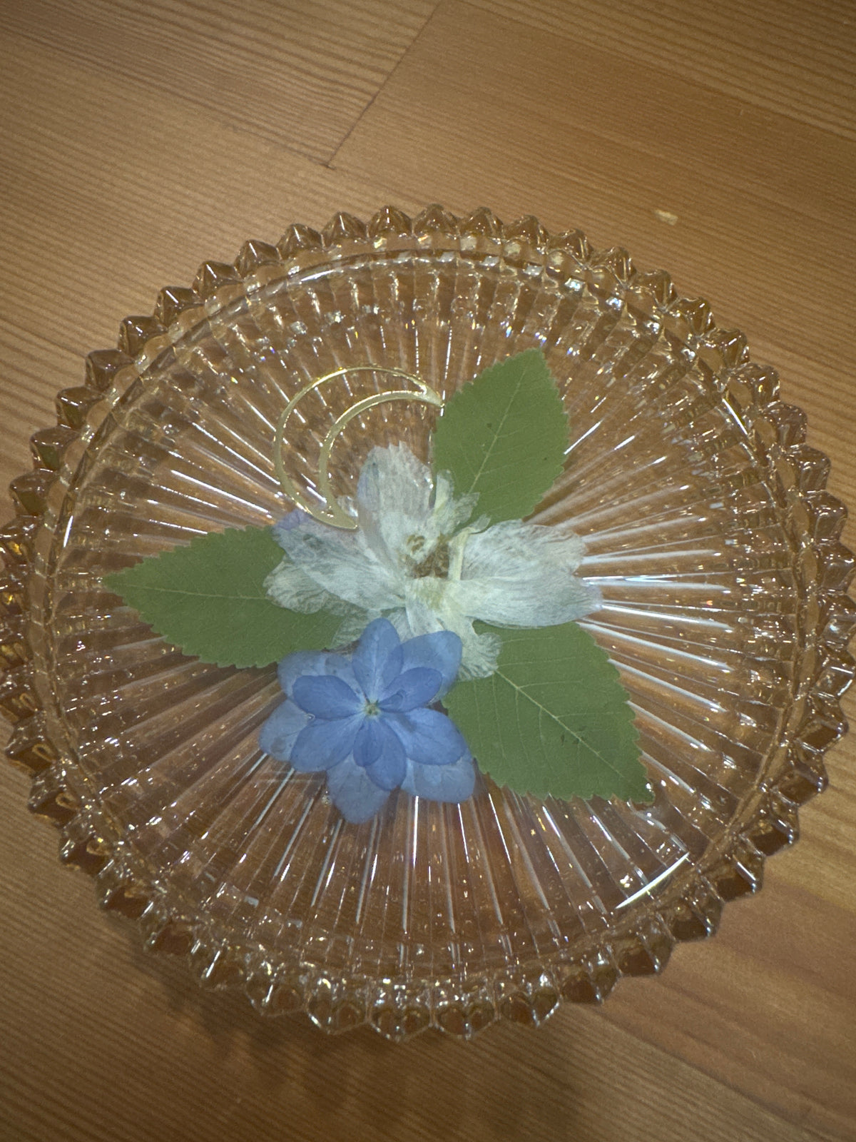 Gold Moon with White and Blue Pressed Flower Resin Glass Dish