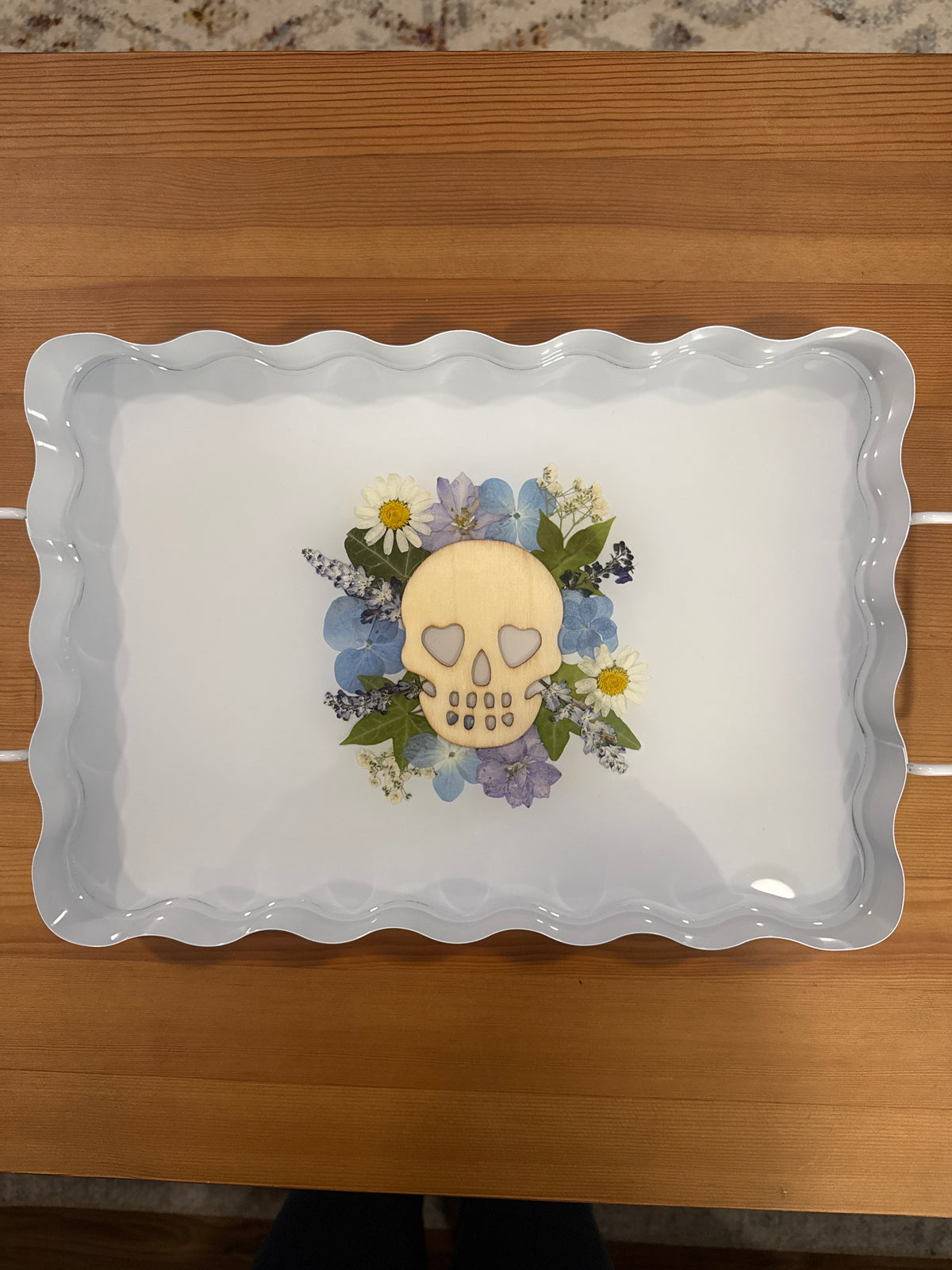 White Metal Tray Wood Skull with Blue and White Pressed Flowers