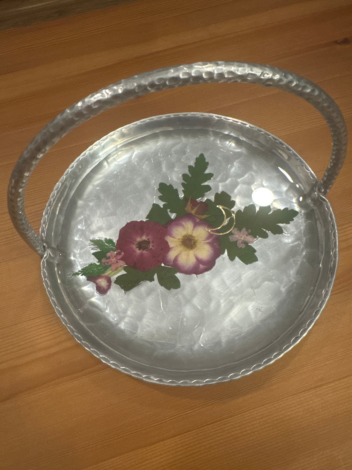 Gold Moon and Dark Pink Resin and Floral Metal Basket Tray
