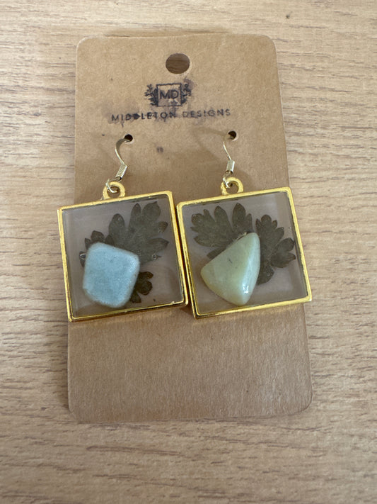 Gold Rimmed Square Natural Stone Resin Earrings