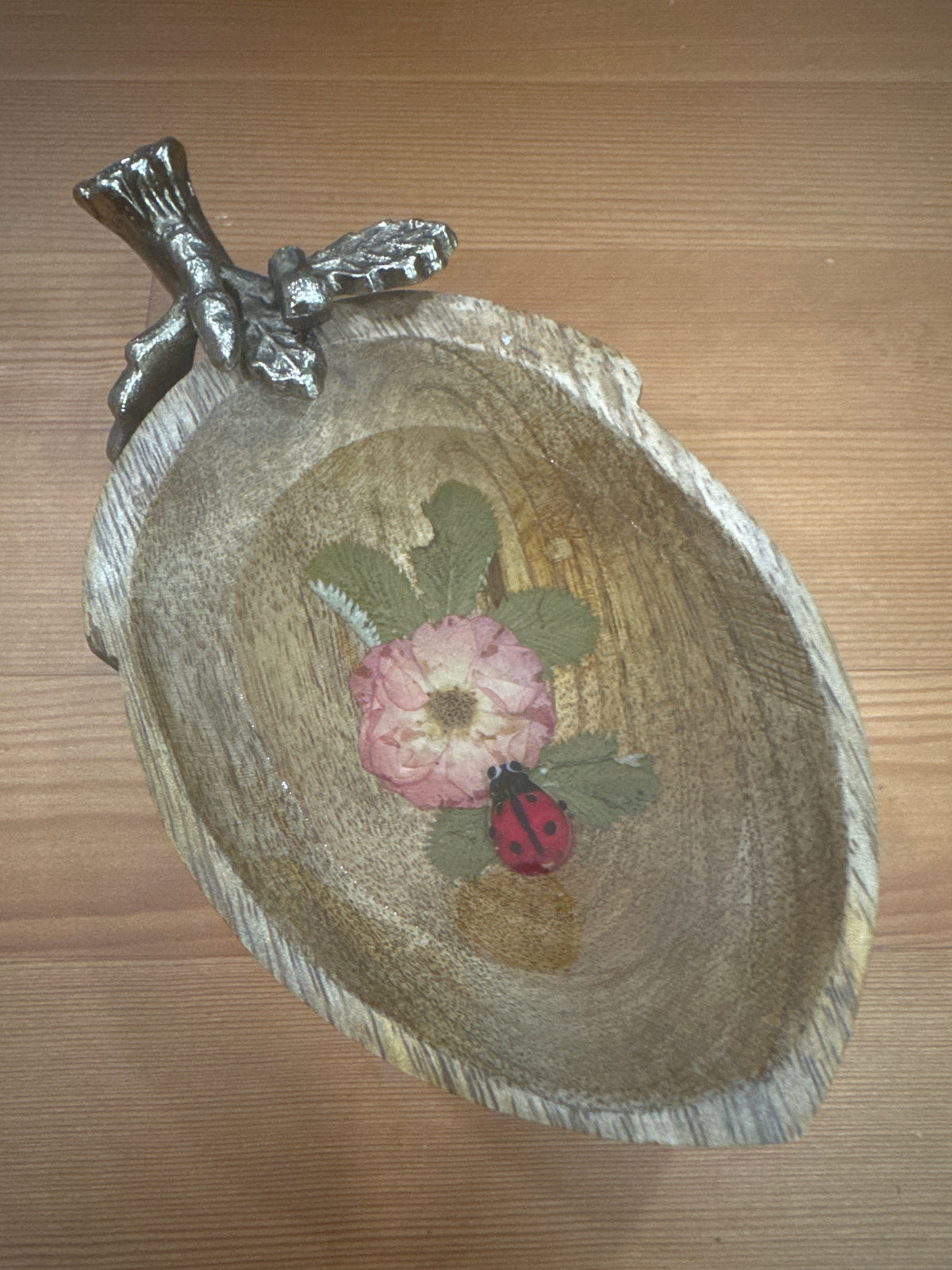 Wood Acorn Shaped Small Dish with Pressed Flowers and Ladybug
