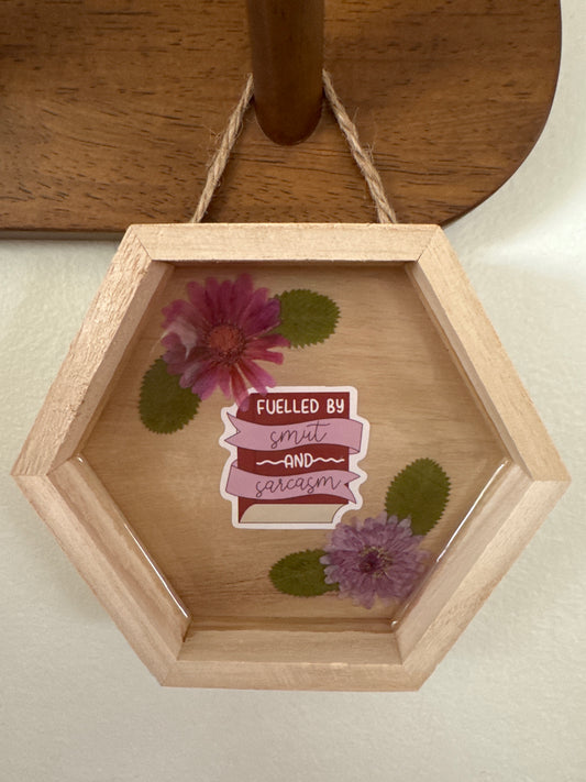 “Fueled By Smut And Sarcasm” Small Hexagon Wood Frame
