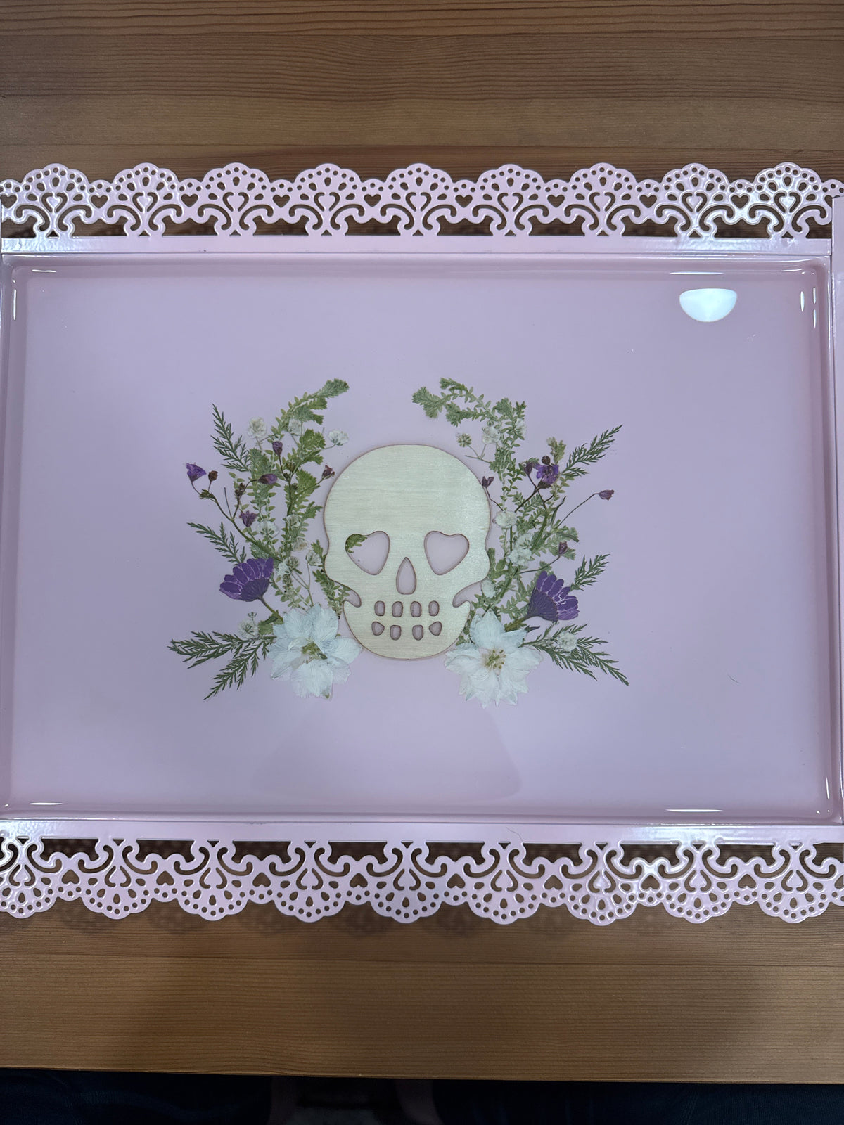 Wood Skull and Pressed Flower Pink Metal Resin Tray