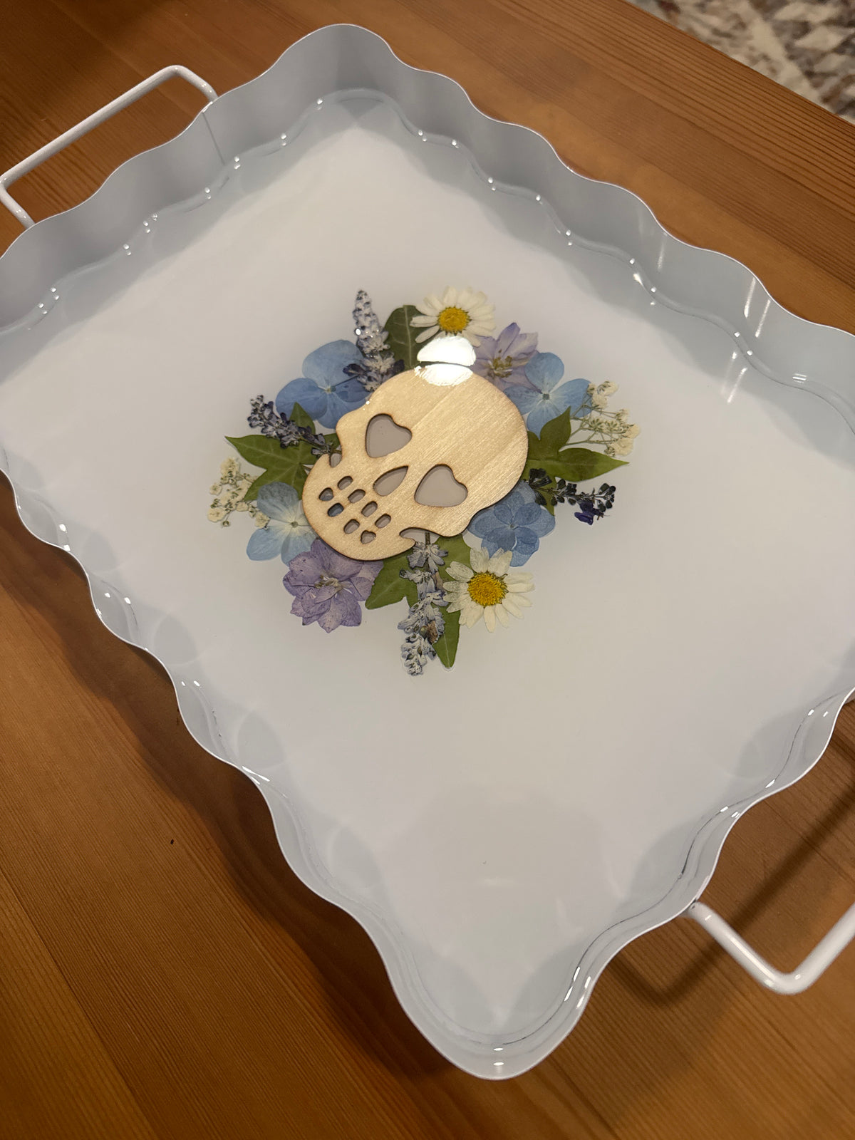 White Metal Tray Wood Skull with Blue and White Pressed Flowers