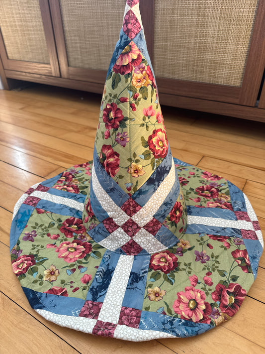 Green, Blue, Pink Floral Quilted Witch Hat 22-23”