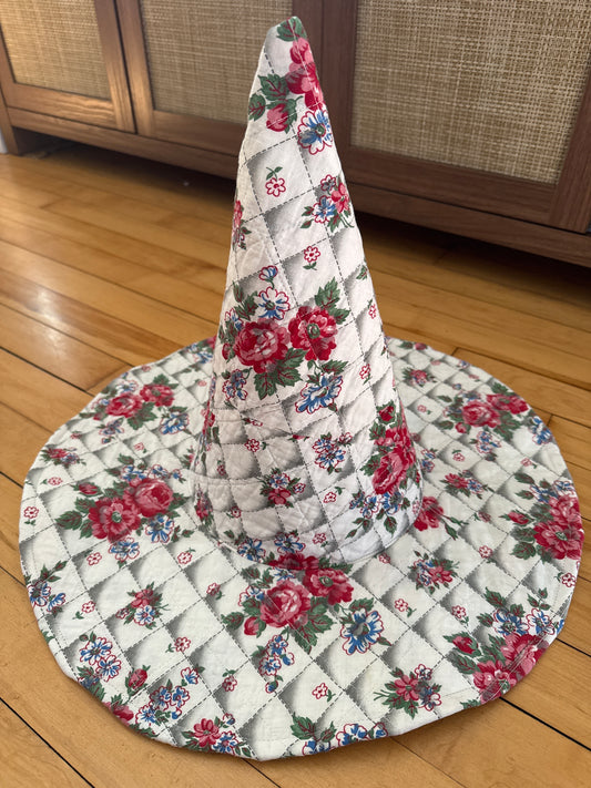 White, Red, and Green Floral Quilted Witch Hat 22-23”