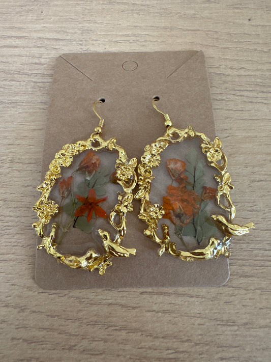 Gold Ornate Bird Pressed Flower Earrings