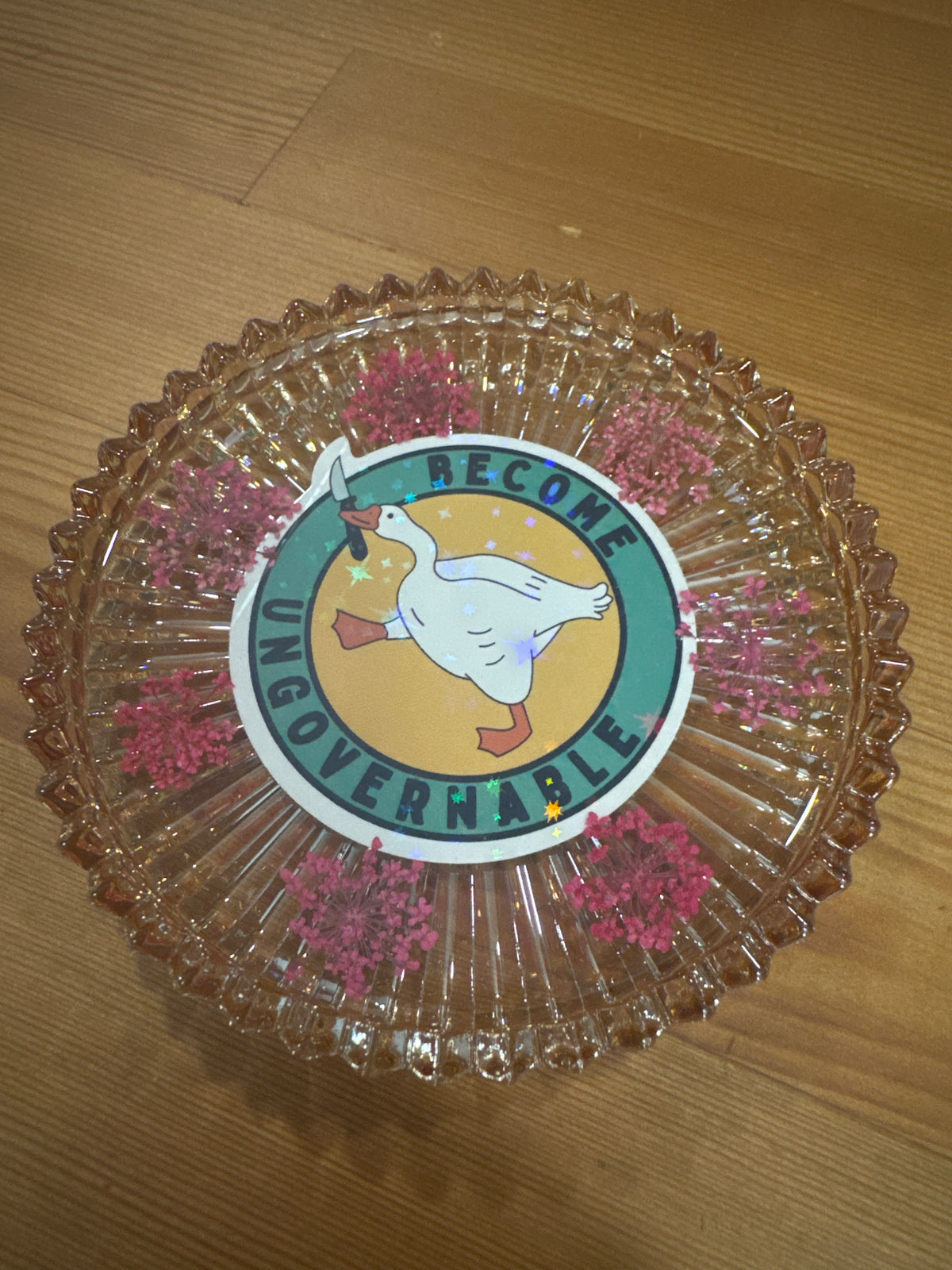 “Become Ungovernable” Goose and Pressed Flower Resin Glass Dish