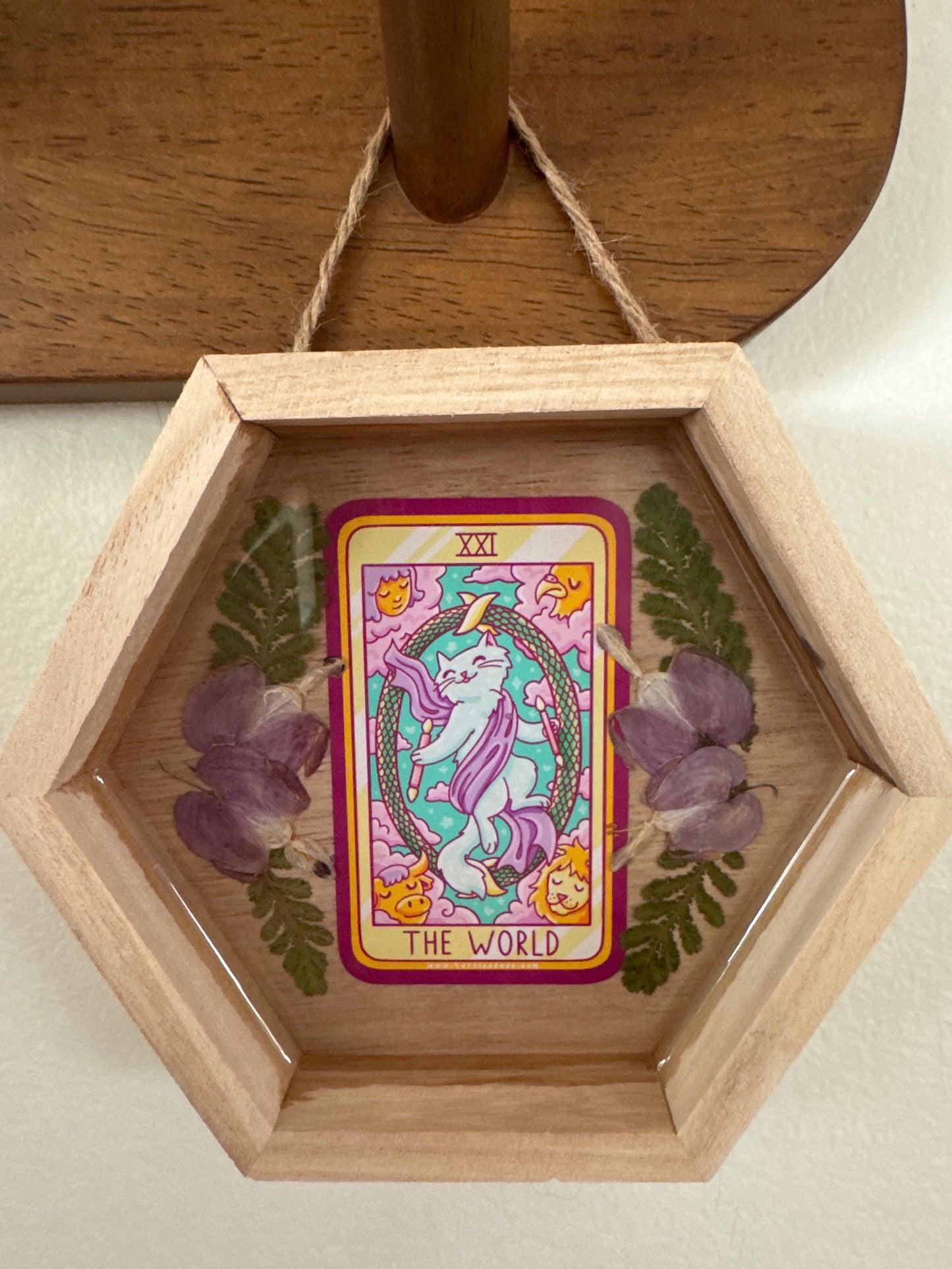 “The World” Cat Tarot Small Hexagon Wood Frame
