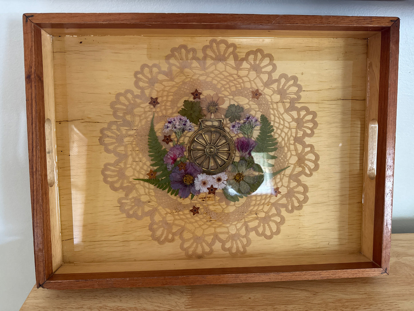 Large Tray with Pressed Flowers and Lace