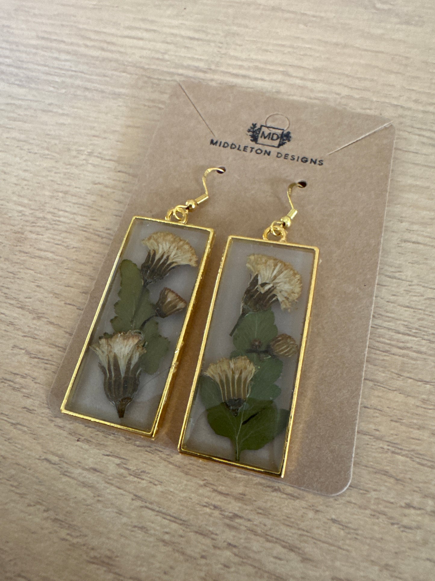 Rectangle Gold Pressed Flower Resin Earrings