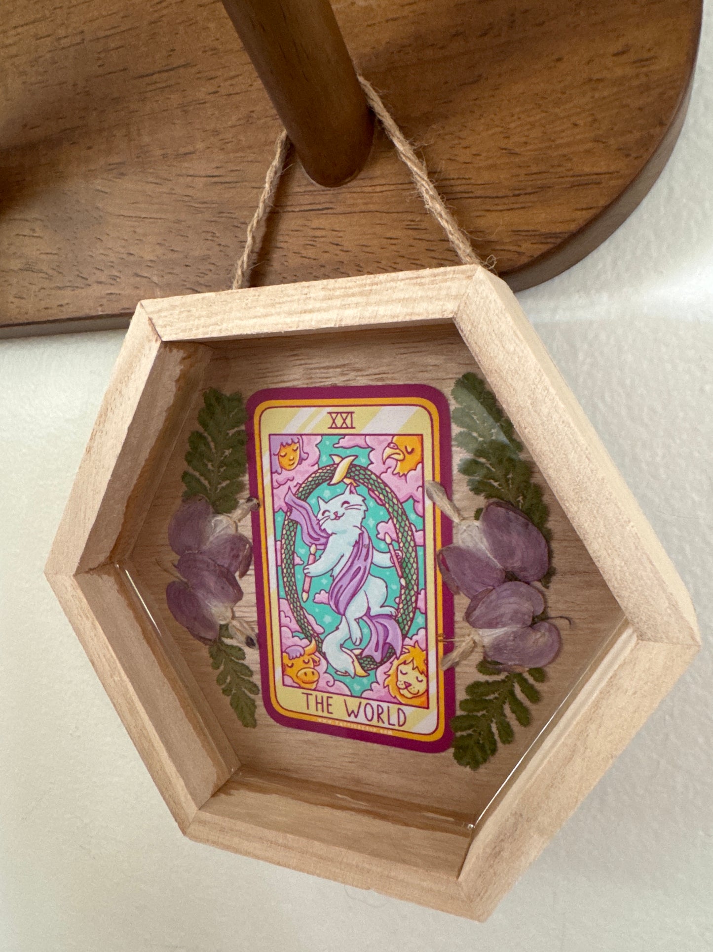 “The World” Cat Tarot Small Hexagon Wood Frame