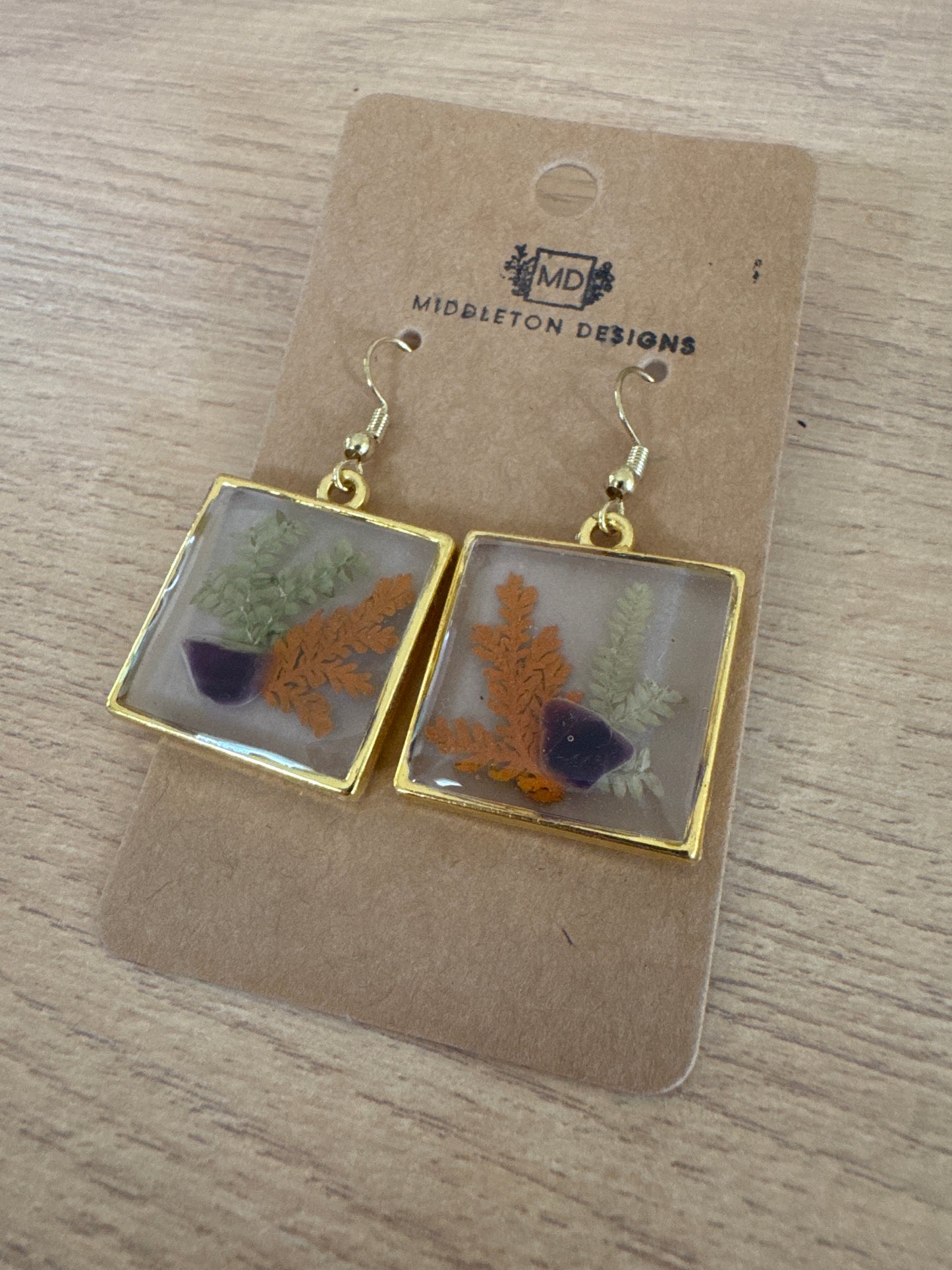Gold Rimmed Square Natural Stone Resin Earrings