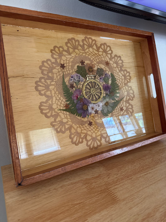 Large Tray with Pressed Flowers and Lace